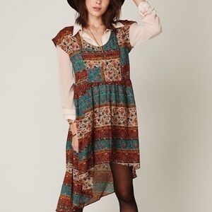 Free People Short Sleeve Coastal Tectonics Dress Boho High Low Sheer Overlay XS